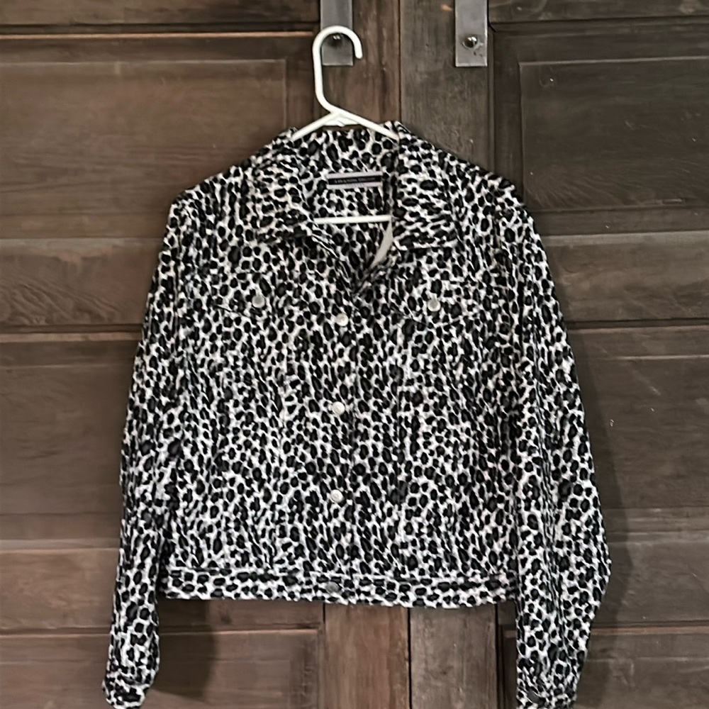 Amanda Smith Womens 12 Stretch Button Jacket Leopard‎ Short Black Front Pockets